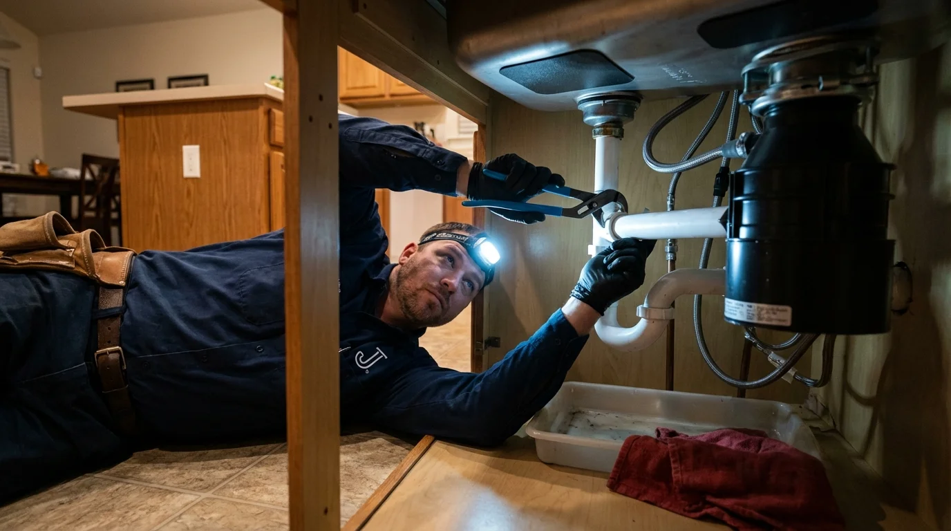 P-trap and supply line connections under a kitchen sink showing a common leak point in Colchester, CT